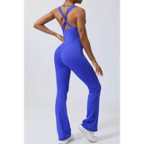 Babe Beachwear women's athletic crisscross jumpsuit in vibrant blue with fitted design and flared legs