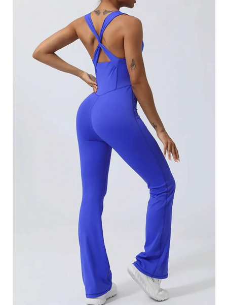Babe Beachwear women's athletic crisscross jumpsuit in vibrant blue with fitted design and flared legs