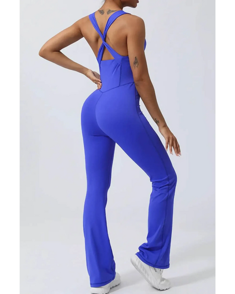 Babe Beachwear women's athletic crisscross jumpsuit in vibrant blue with fitted design and flared legs