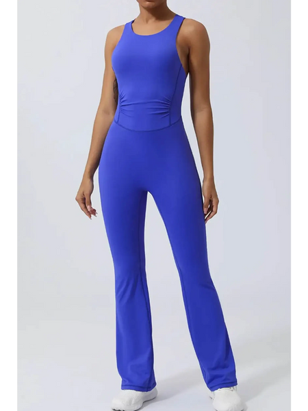 Babe Beachwear women's athletic crisscross jumpsuit in blue sleeveless activewear for fitness