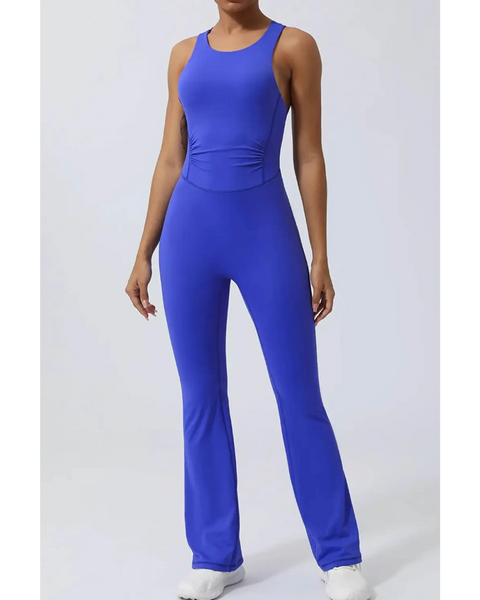 Babe Beachwear women's athletic crisscross jumpsuit in blue sleeveless activewear for fitness
