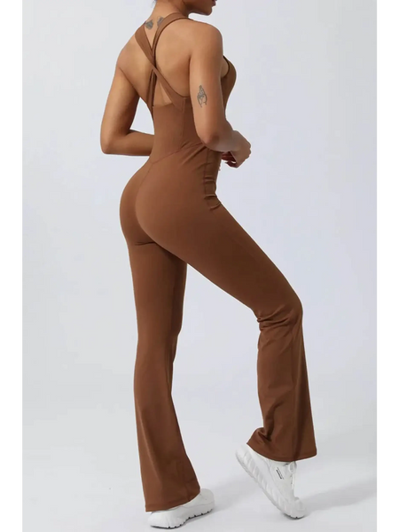 Babe Beachwear women's athletic crisscross jumpsuit in brown with fitted silhouette and flared legs