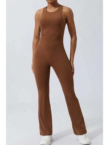 Babe Beachwear women's athletic crisscross jumpsuit in brown with sleeveless design and fitted waist