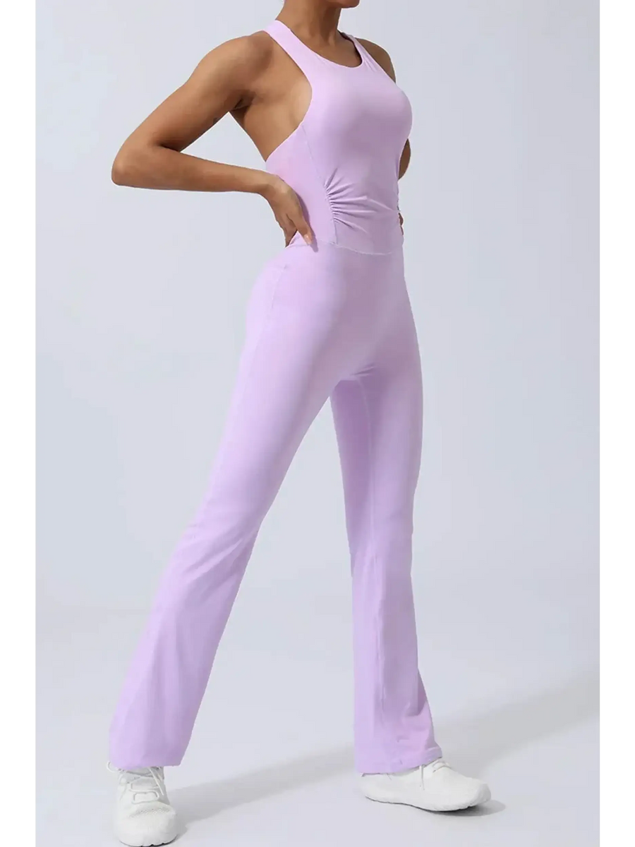 Babe Beachwear women's athletic crisscross jumpsuit in lavender color with fitted design and flared legs