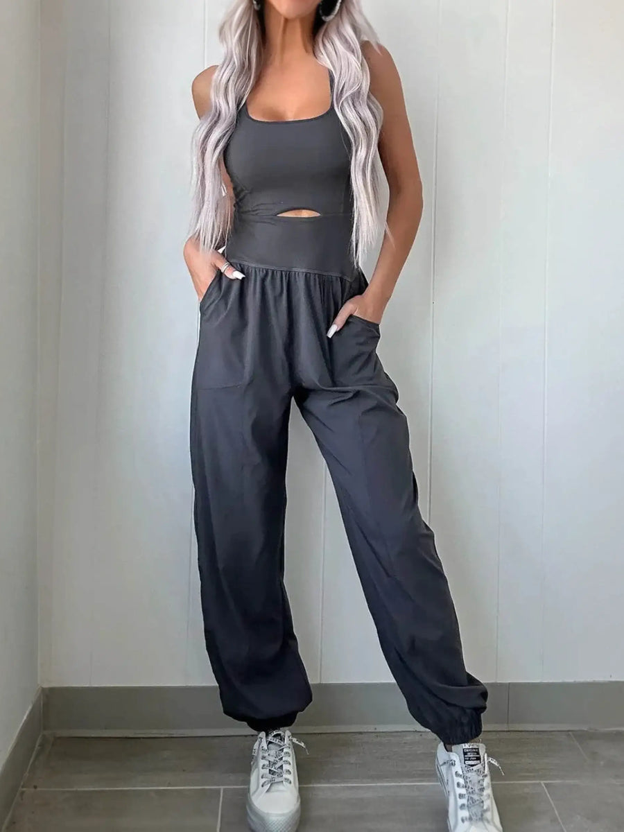 Trendsi women's beach jumpsuit black sleeveless athletic style with pockets and elastic ankle cuffs