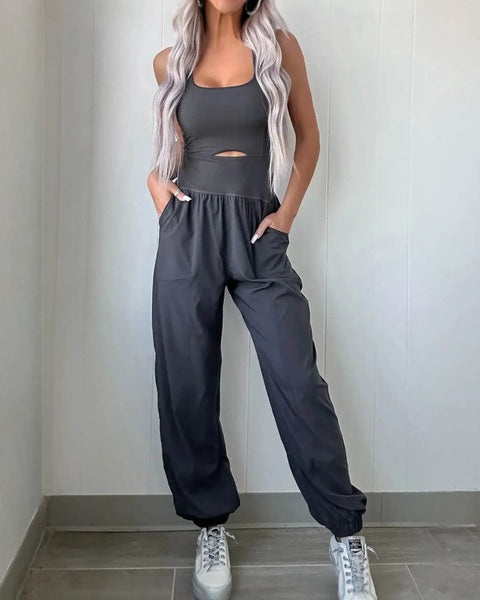 Trendsi women's beach jumpsuit black sleeveless athletic style with pockets and elastic ankle cuffs