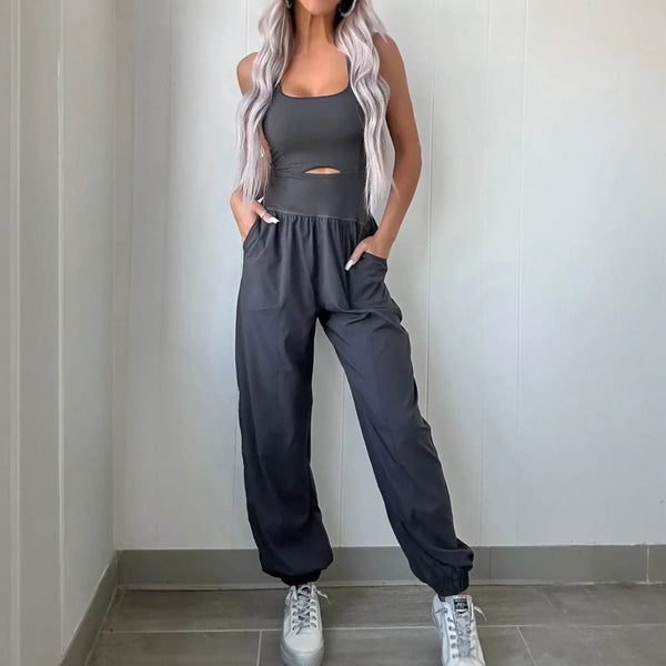 Trendsi women's beach jumpsuit black sleeveless athletic style with pockets and elastic ankle cuffs