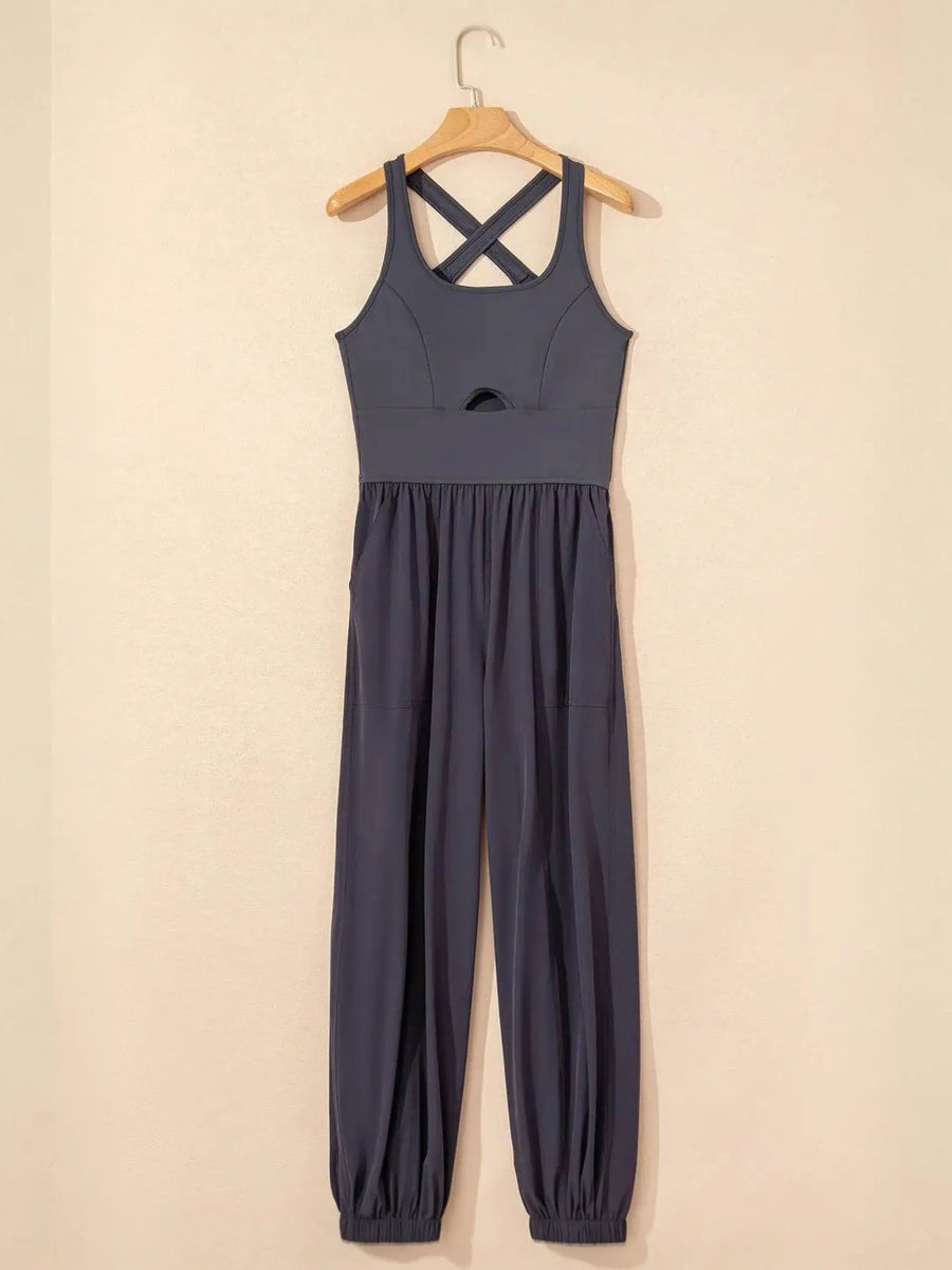 Trendsi women's beach jumpsuit in navy blue with crisscross back straps and elastic ankle cuffs