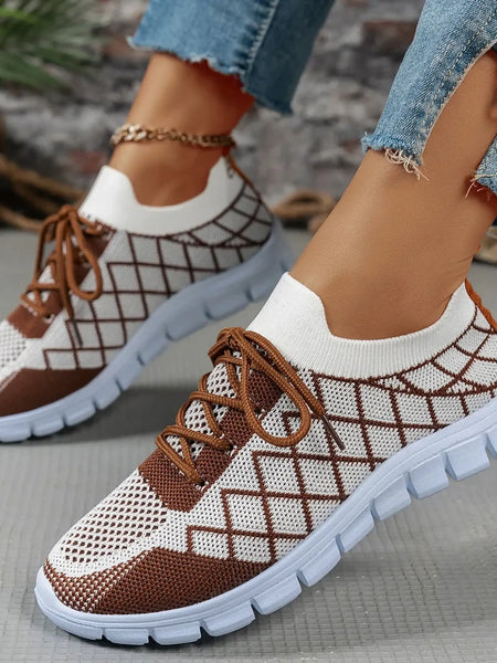 Trendsi women's breathable beach sneakers in white and brown knit design with flexible white sole