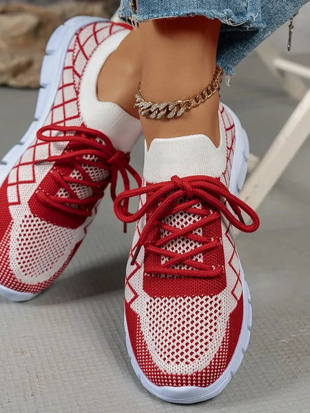 Trendsi women's breathable beach sneakers in white and red knit design with flexible soles