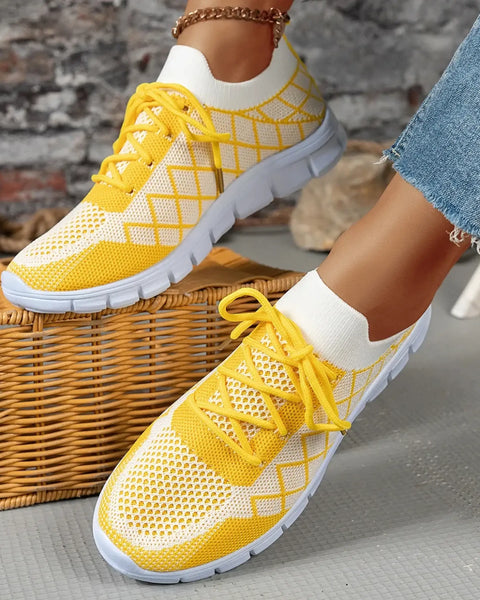 Trendsi women's breathable beach sneakers in yellow and white knit with flexible white soles