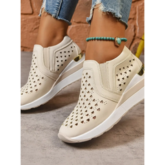 Trendsi women's breathable wedge sneakers in beige with perforated design and white sole