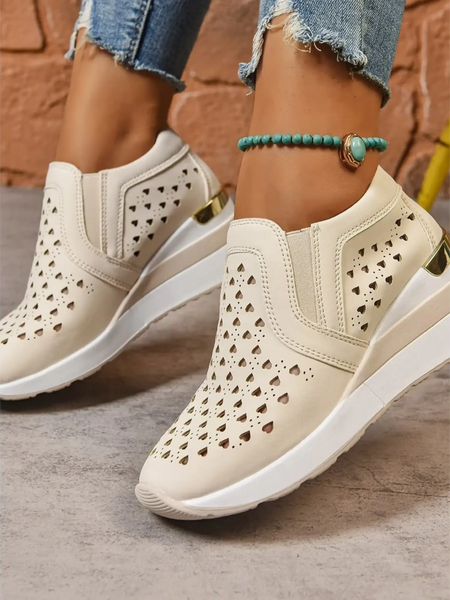 Trendsi women's breathable wedge sneakers in beige with perforated design and white sole