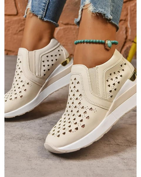 Trendsi women's breathable wedge sneakers in beige with perforated design and white sole