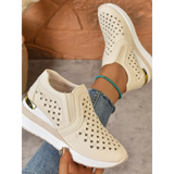 Trendsi women's breathable wedge sneakers in beige with perforated heart design and white sole
