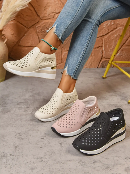 Trendsi women's breathable wedge sneakers in beige pink and black with perforated design and slip-on style