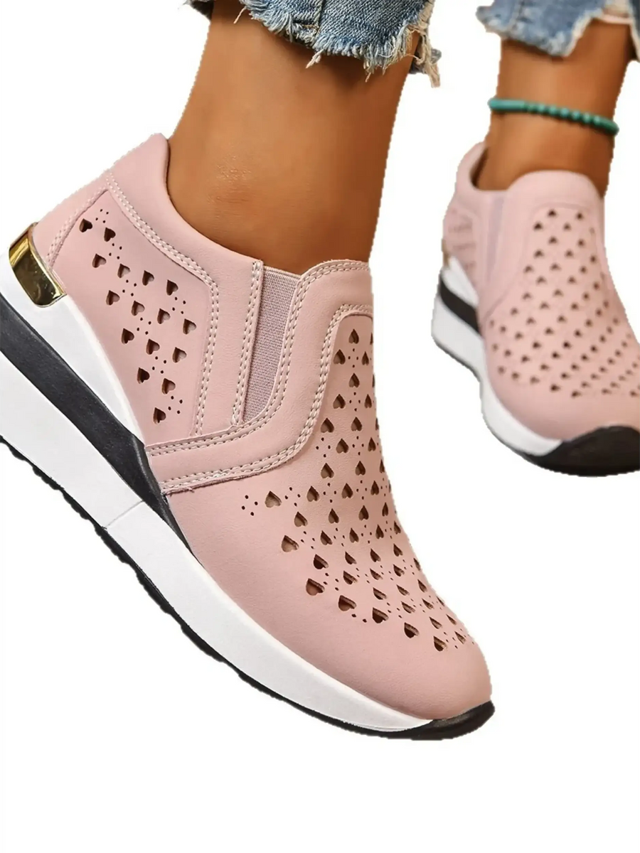 Trendsi women's breathable wedge sneakers in pink with perforated design and white sole