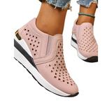 Trendsi women's breathable wedge sneakers in pink with perforated design and white sole