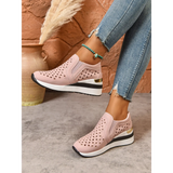 women's breathable wedge sneakers in pink with perforated design and white sole