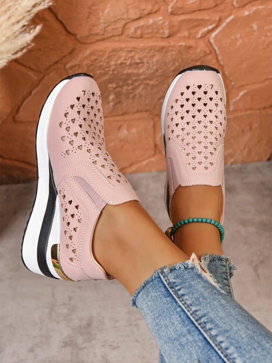 Trendsi women's breathable wedge sneakers in blush pink with heart cutouts and white sole