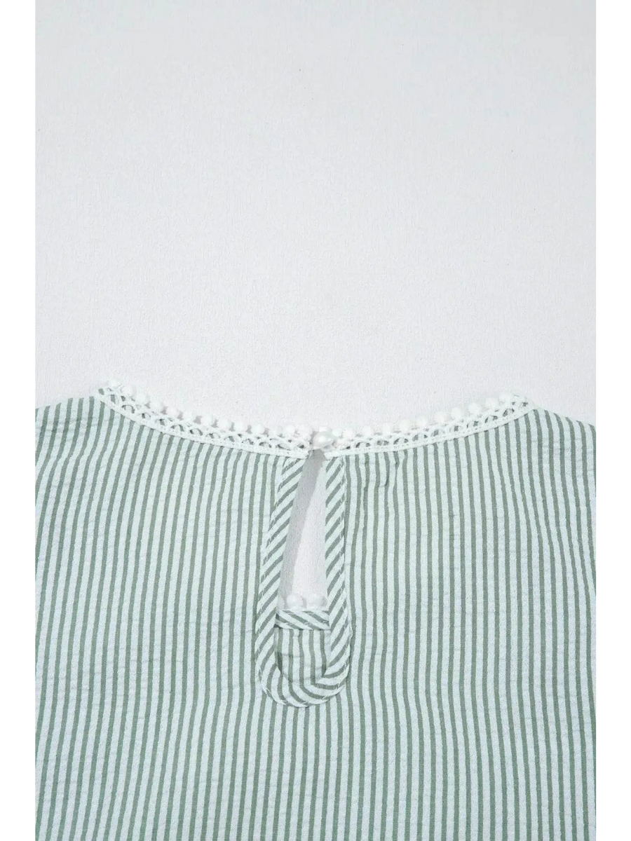 Babe Beachwear women's casual sleeveless shirt with green and white stripes and lace trim neckline