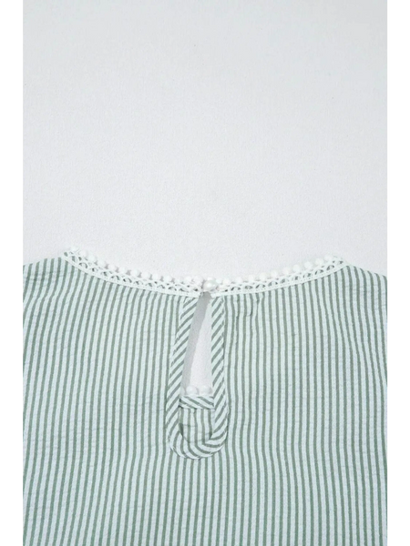 Babe Beachwear women's casual sleeveless shirt with green and white stripes and lace trim neckline