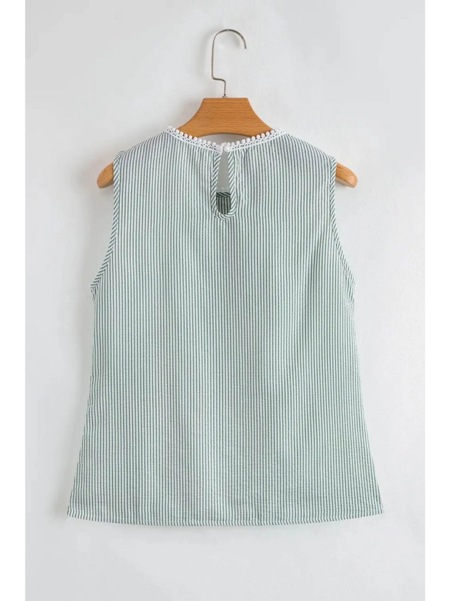 Babe Beachwaer women's casual sleeveless shirt with thin vertical stripes and a button closure on the back