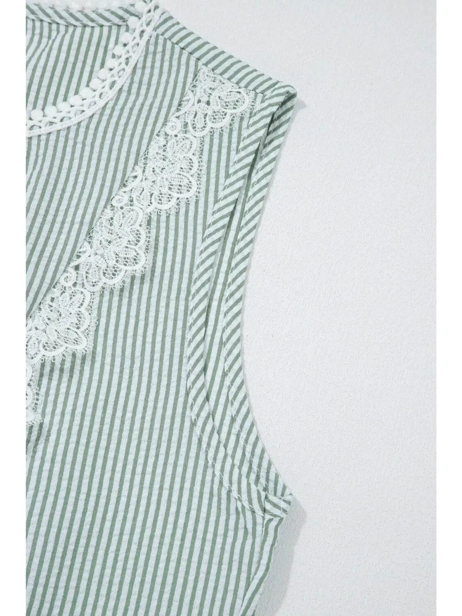 Babe Beachwear women's casual sleeveless shirt with green and white stripes and lace detailing