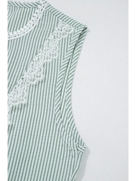 Babe Beachwear women's casual sleeveless shirt with green and white stripes and lace detailing