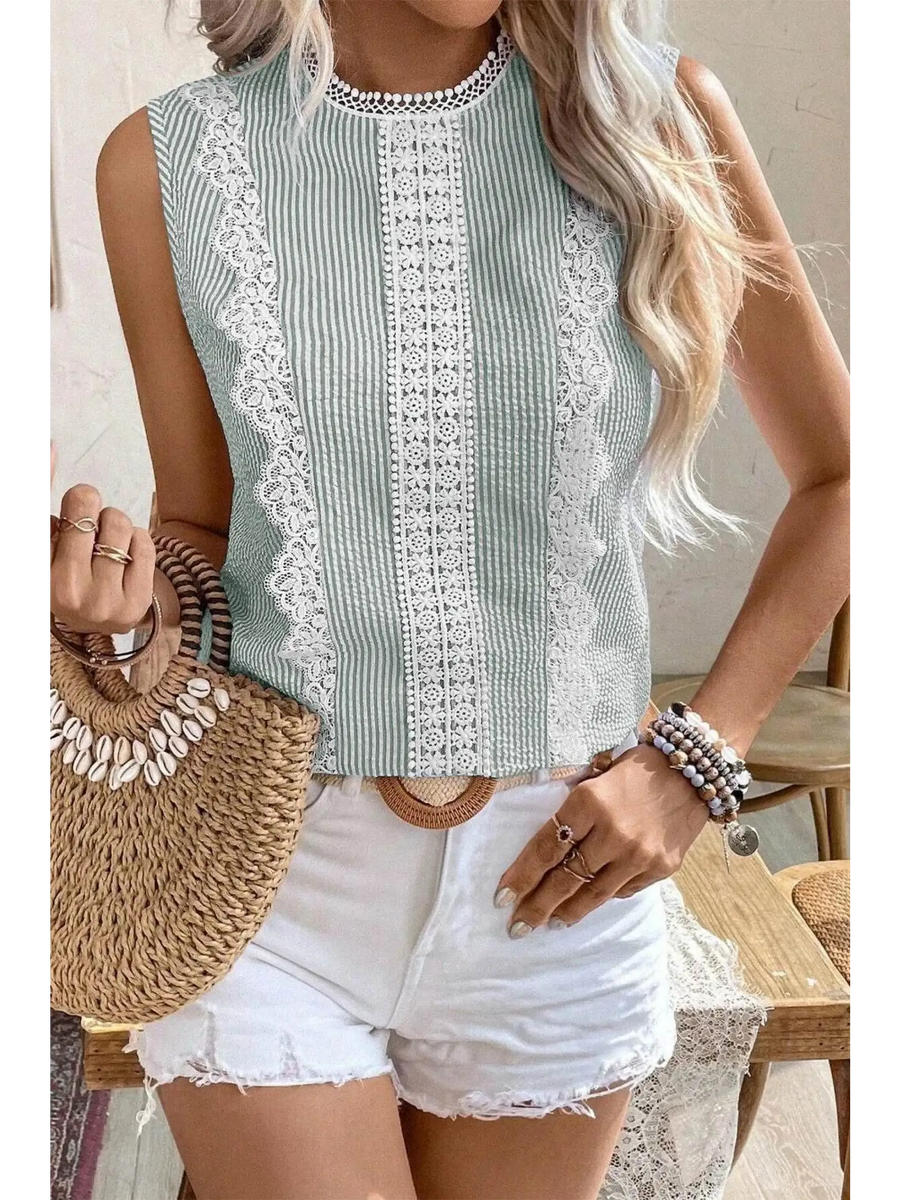 Babe Beachwear women's casual sleeveless shirt with lace and stripe design paired with white shorts