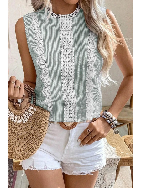 Babe Beachwear women's casual sleeveless shirt with lace and stripe design paired with white shorts