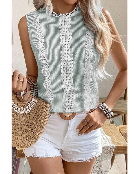 Babe Beachwear women's casual sleeveless shirt with lace and stripe design paired with white shorts