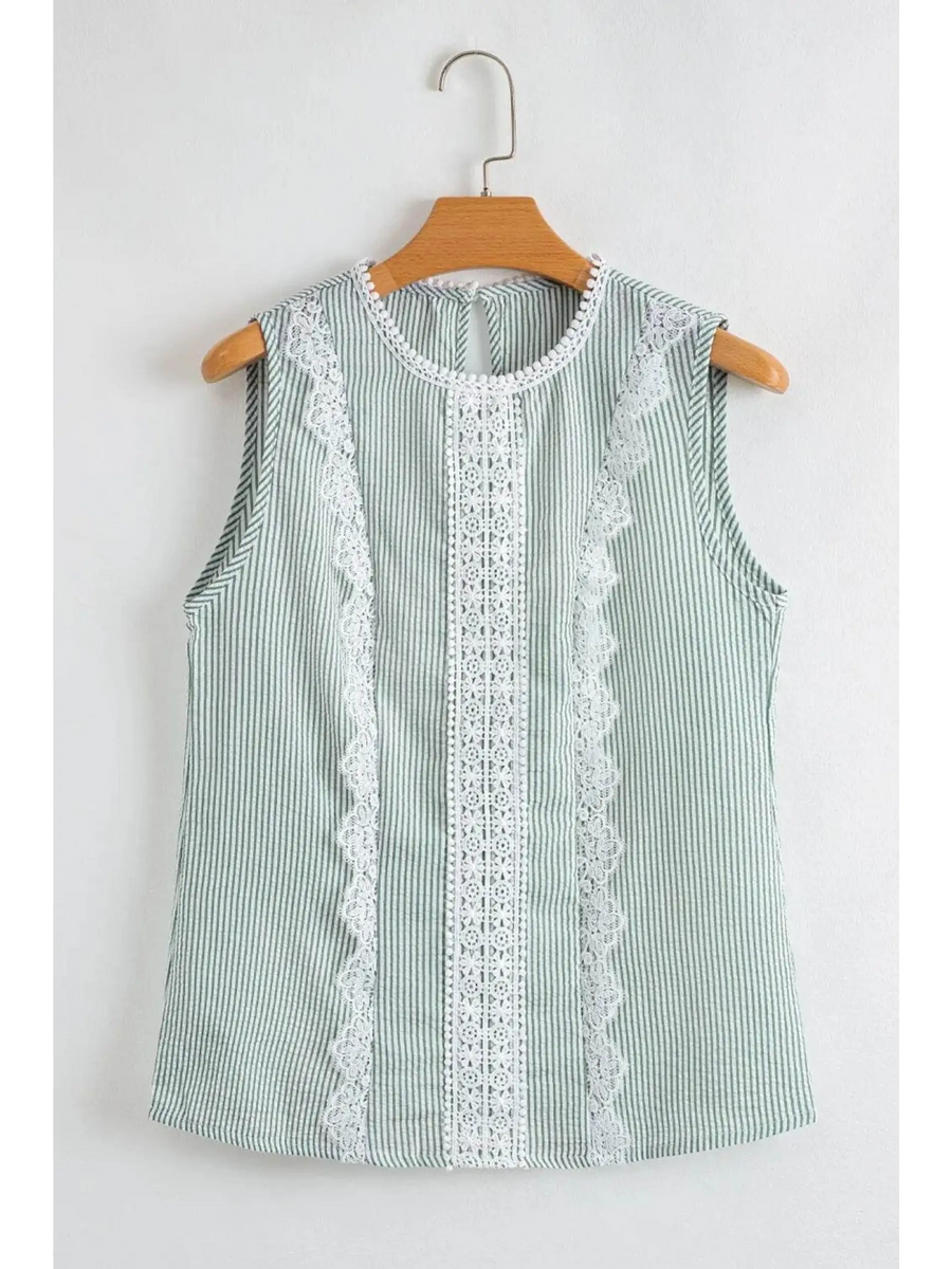 Babe Beachwear women's casual sleeveless shirt with green stripes and white lace details