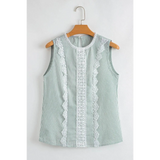 Babe Beachwear women's casual sleeveless shirt with green stripes and white lace details