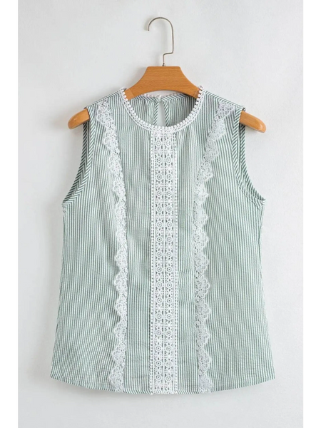 Babe Beachwear women's casual sleeveless shirt with green stripes and white lace details