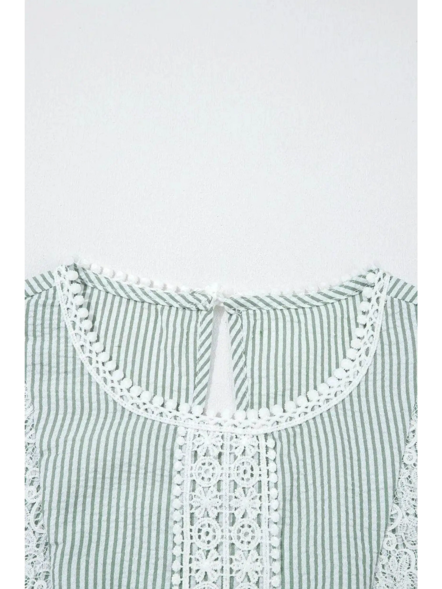Babe Beachwear women's casual sleeveless shirt with green stripes and white lace detail