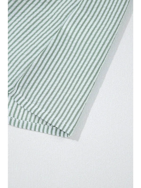 Close-up of Babe Beachwear women's casual sleeveless shirt with green and white vertical stripes