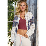 Trendsi womens casual vacation shacket patchwork long sleeve shirt worn over maroon crop top