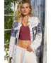 Trendsi womens casual vacation shacket patchwork long sleeve shirt worn over maroon crop top