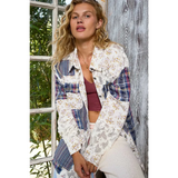 Trendsi womens casual vacation shacket long sleeve shirt with mixed floral and plaid patterns