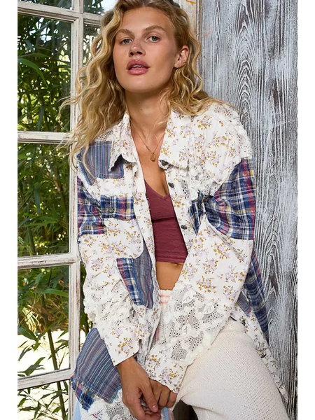 Trendsi womens casual vacation shacket long sleeve shirt with mixed floral and plaid patterns