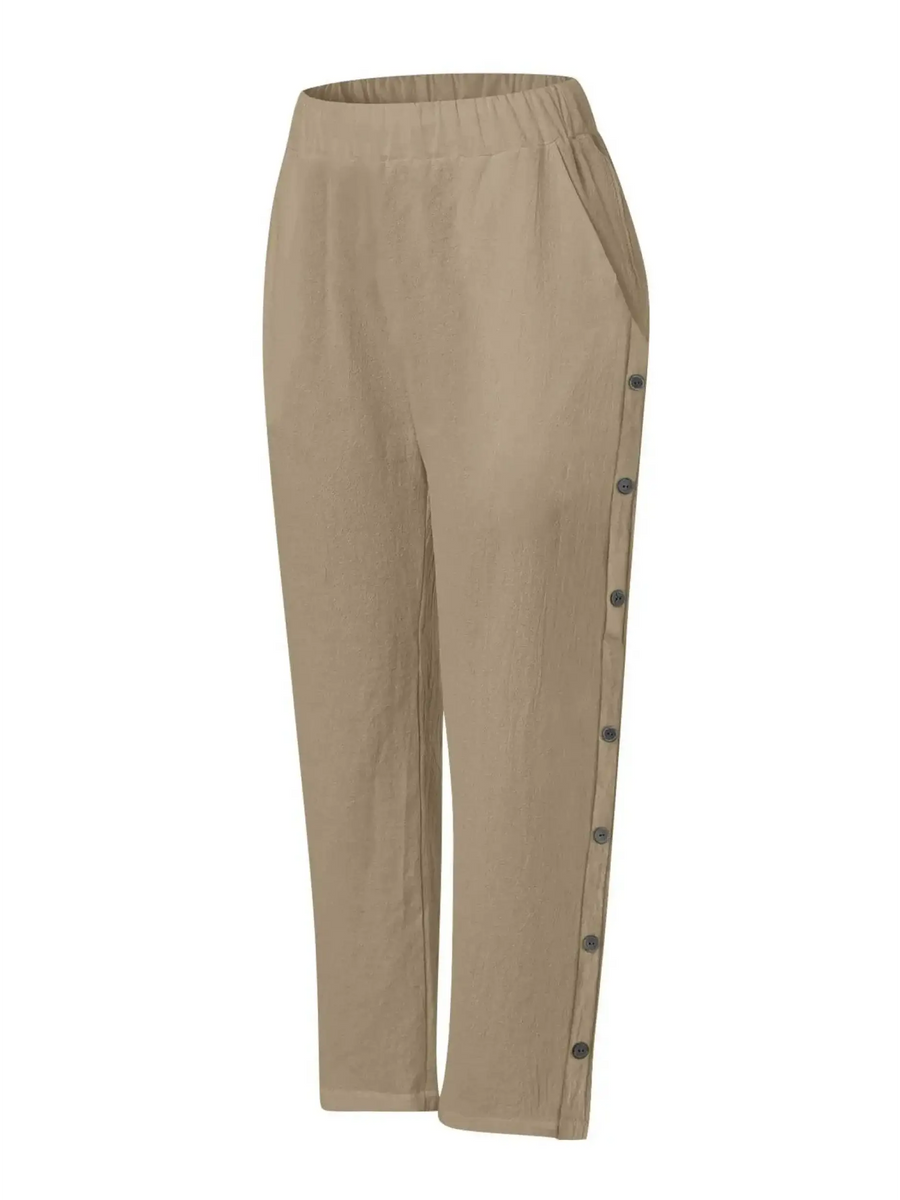 Babe Beachwear beige pants with side buttons for women's casual white vacation pants style