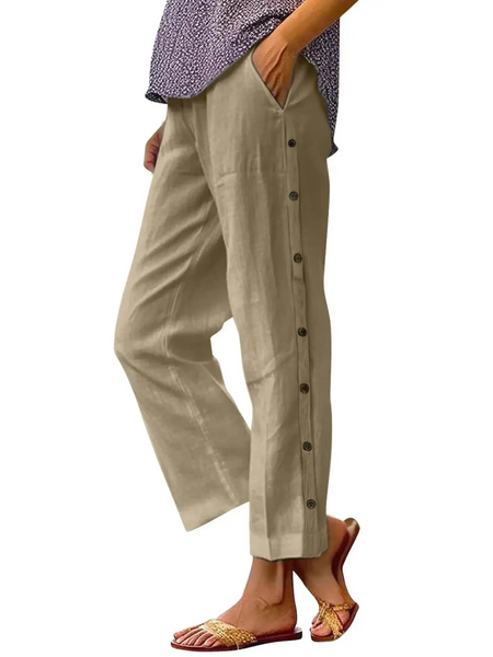 woman Babe Beachwear women's casual white vacation pants with side button details and relaxed fit