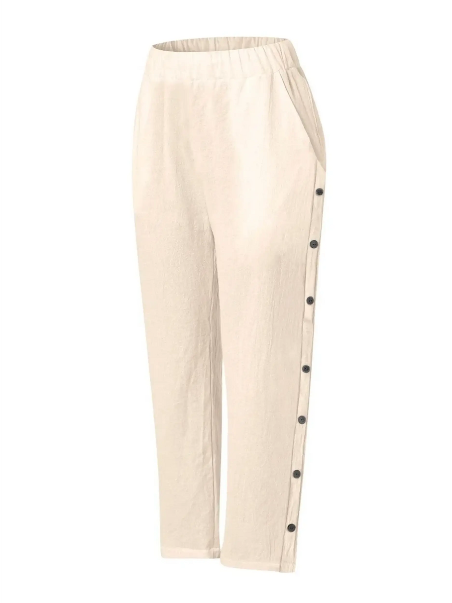 Babe Beachwaer women's casual white vacation pants with side buttons and elastic waistband