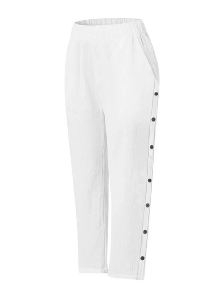Babe Beachwaer women's casual white vacation pants with side button details and elastic waistband