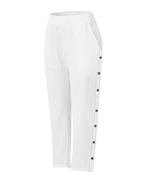 Babe Beachwaer women's casual white vacation pants with side button details and elastic waistband