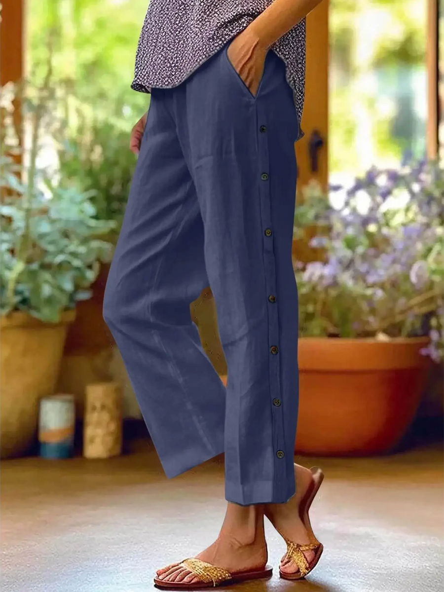 Babe Beachwear women's casual white vacation pants styled in blue with side buttons and relaxed fit