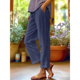 Babe Beachwear women's casual white vacation pants styled in blue with side buttons and relaxed fit