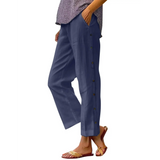 Babe Beachwear women's casual white vacation pants styled in blue with button details on the side