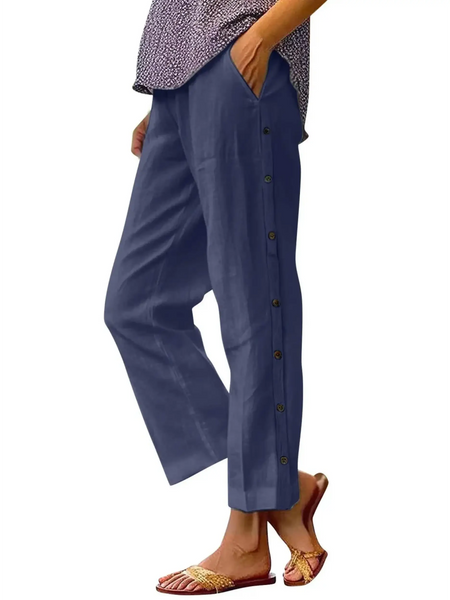 Babe Beachwear women's casual white vacation pants styled in blue with button details on the side